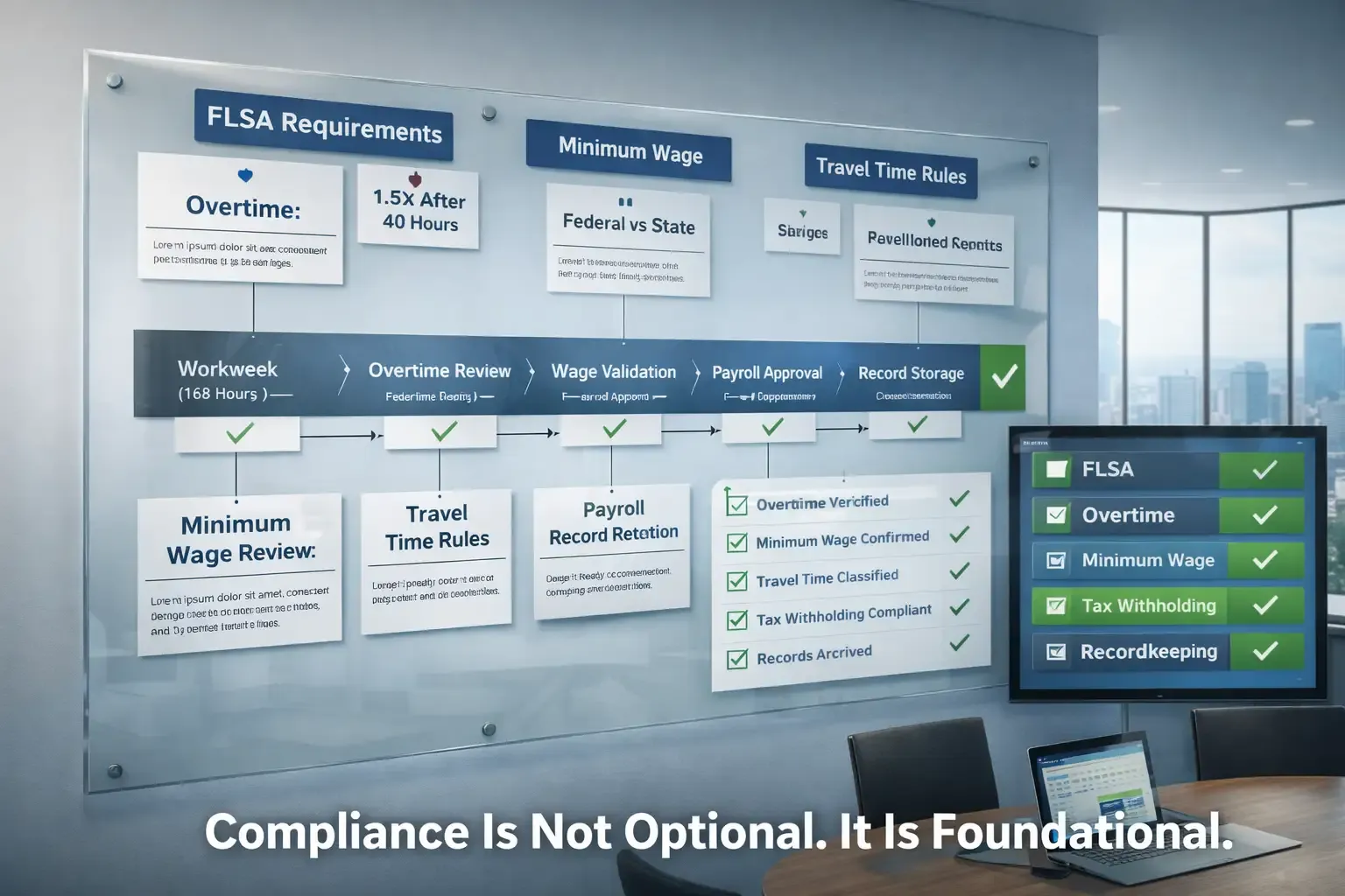 Payroll compliance control board with FLSA audit checklist